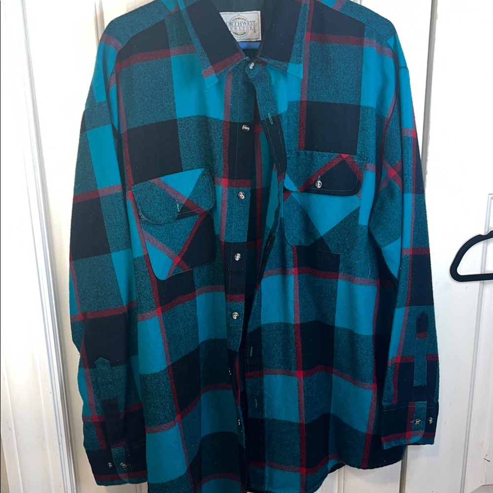 Vintage 90s 2X Teal blue plaid button up hippie alternative shirt acrylic